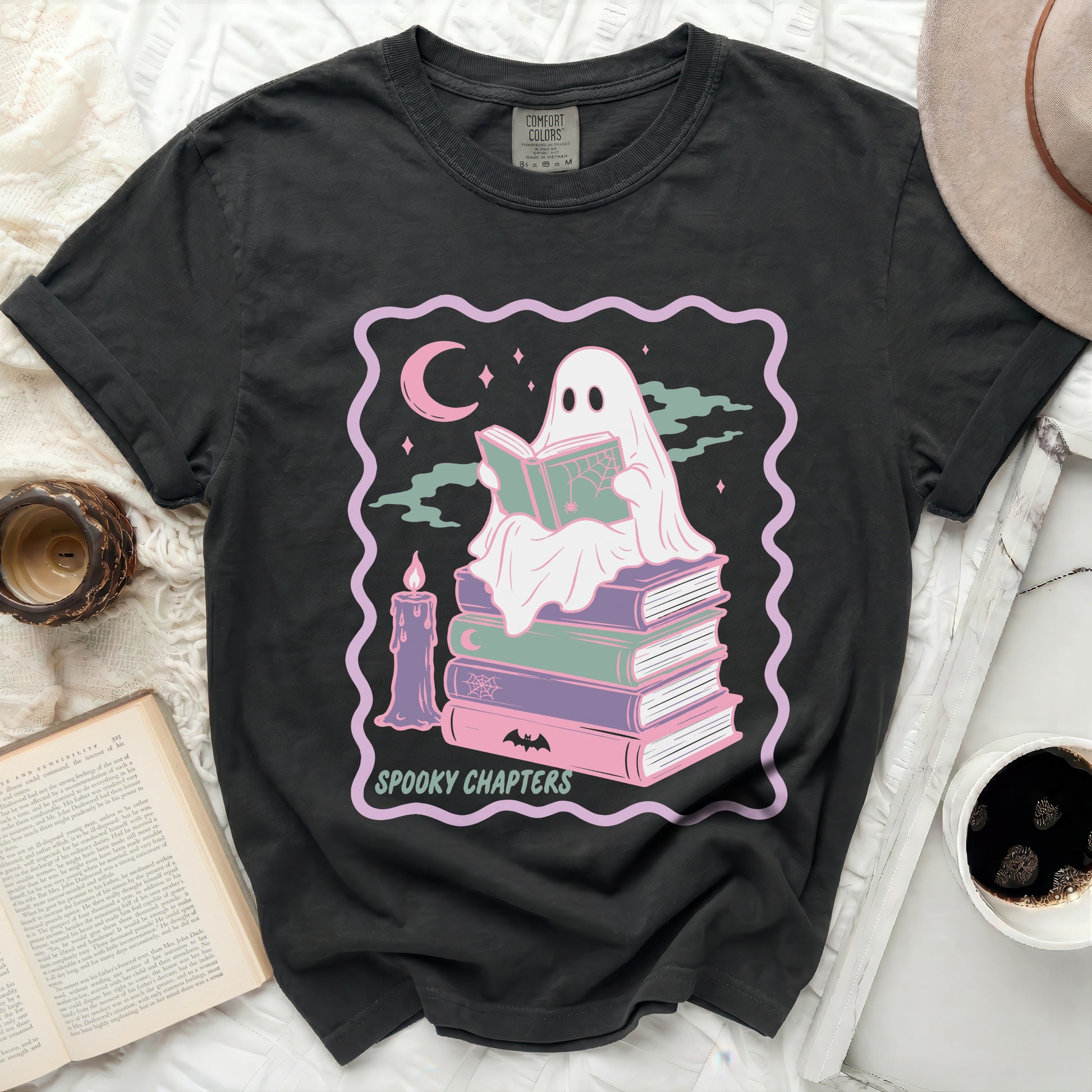 Ghost reading a book on stacks of books with text "Spooky Chapters".