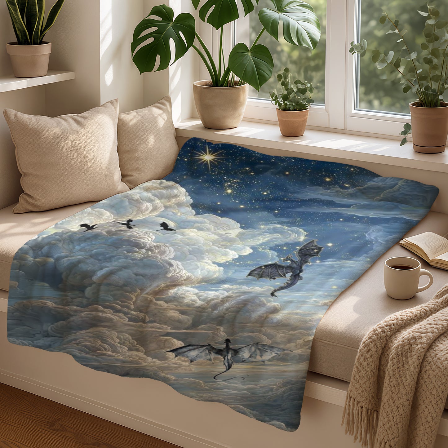 Dragon art on a blanket draped over a couch with plants and window.