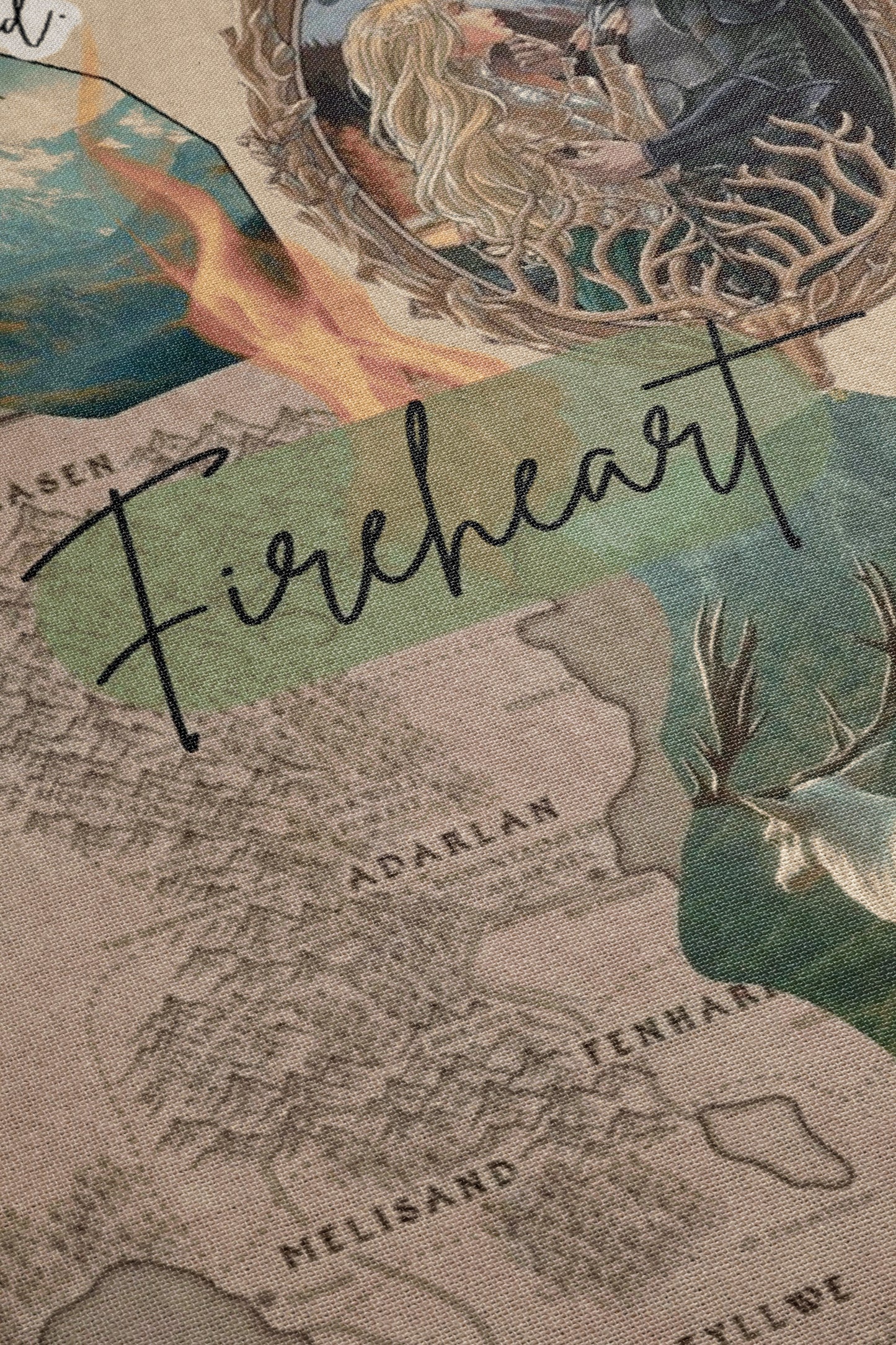 The image is a collage featuring a map of a fantasy world, with the word "Fireheart" prominently displayed.