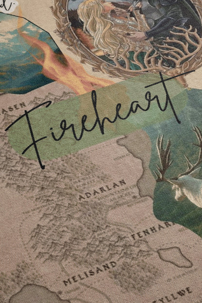 The image is a collage featuring a map of a fantasy world, with the word "Fireheart" prominently displayed.
