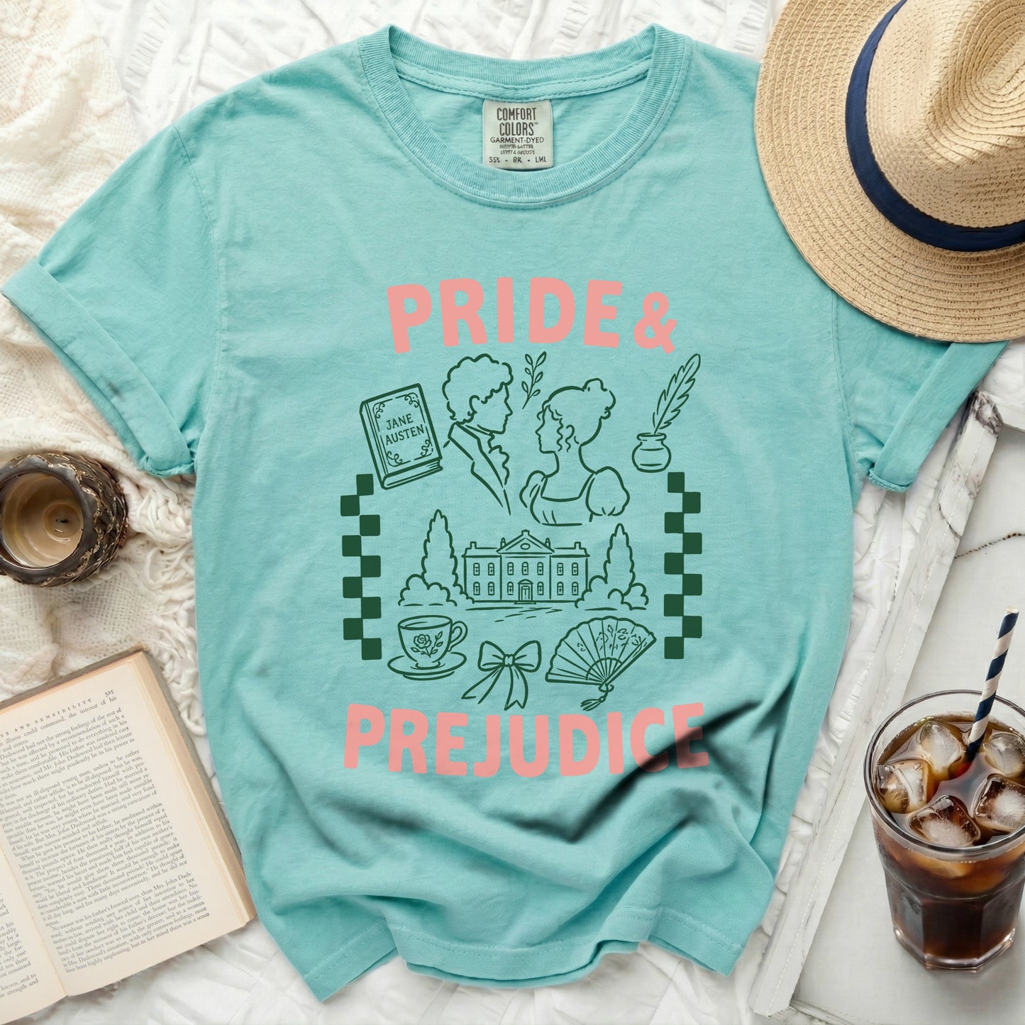 Aqua t-shirt with "Pride & Prejudice" literary design.