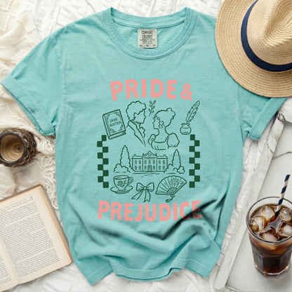 Aqua t-shirt with "Pride & Prejudice" literary design.