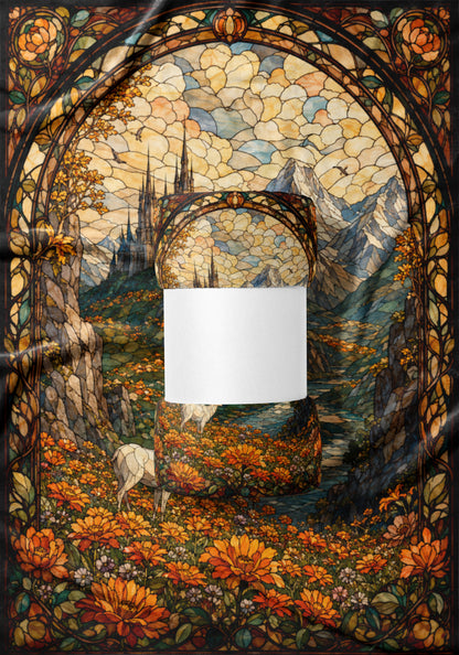 Stained glass landscape with castle, mountains, deer, and flowers, overlayed with white rectangle.