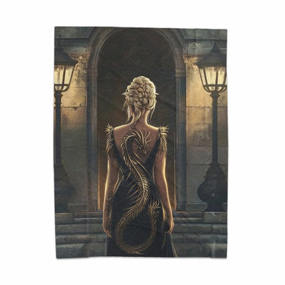 Woman With Dragon Design Standing Near Stone Wall Poster