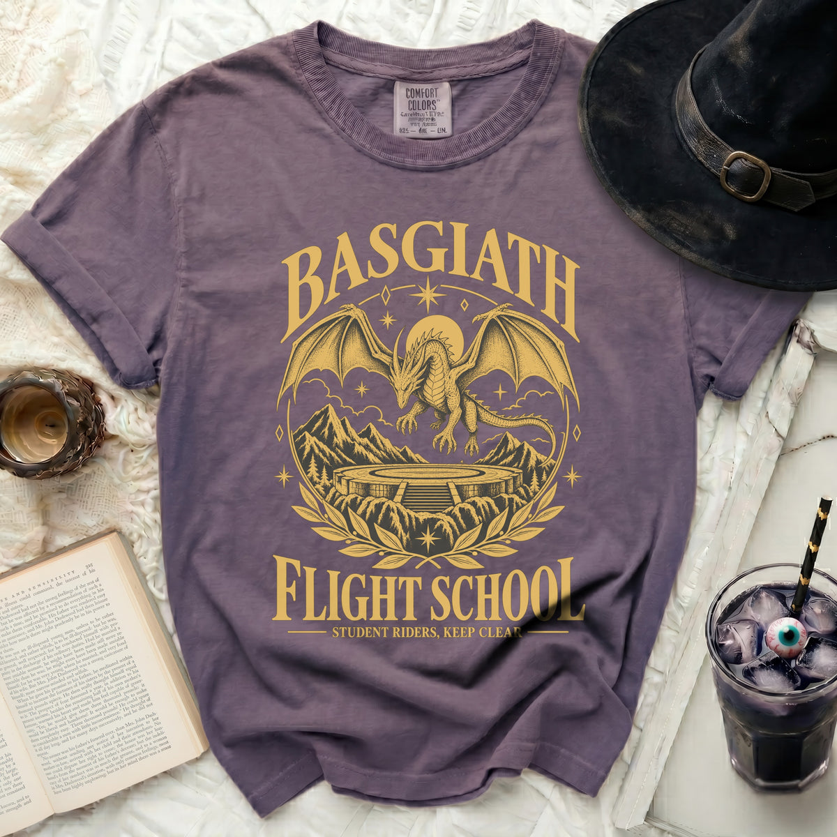 Basgiath Flight School t-shirt with a dragon graphic and text.