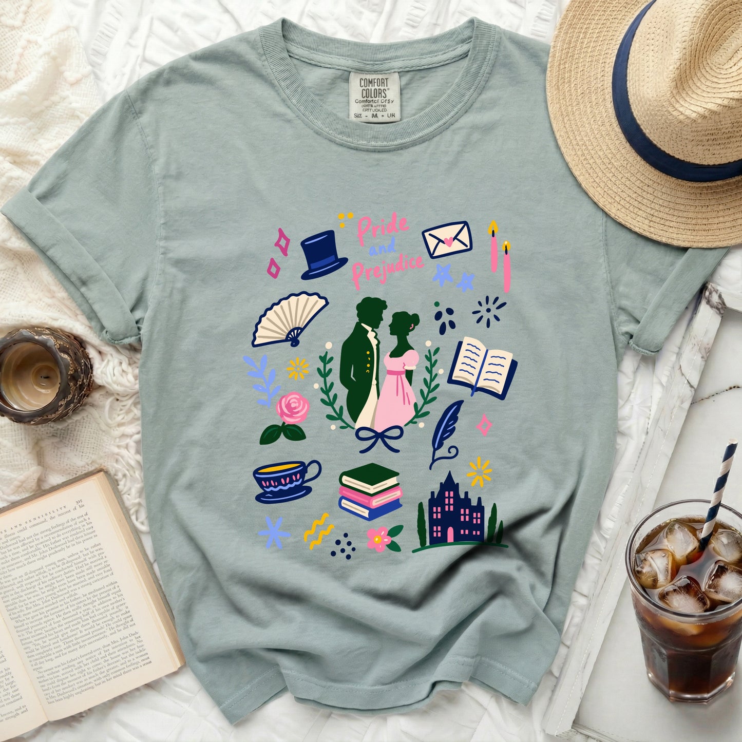 Comfort Colors t-shirt with Pride and Prejudice graphic and literary icons.