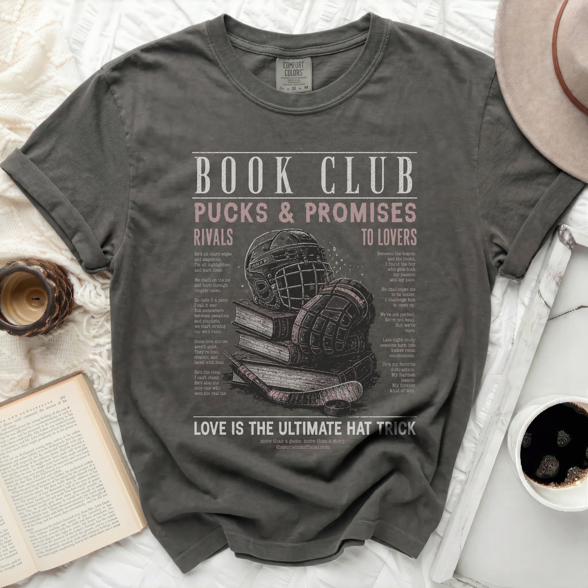T-shirt with "Book Club Pucks & Promises Rivals To Lovers" text and hockey imagery.