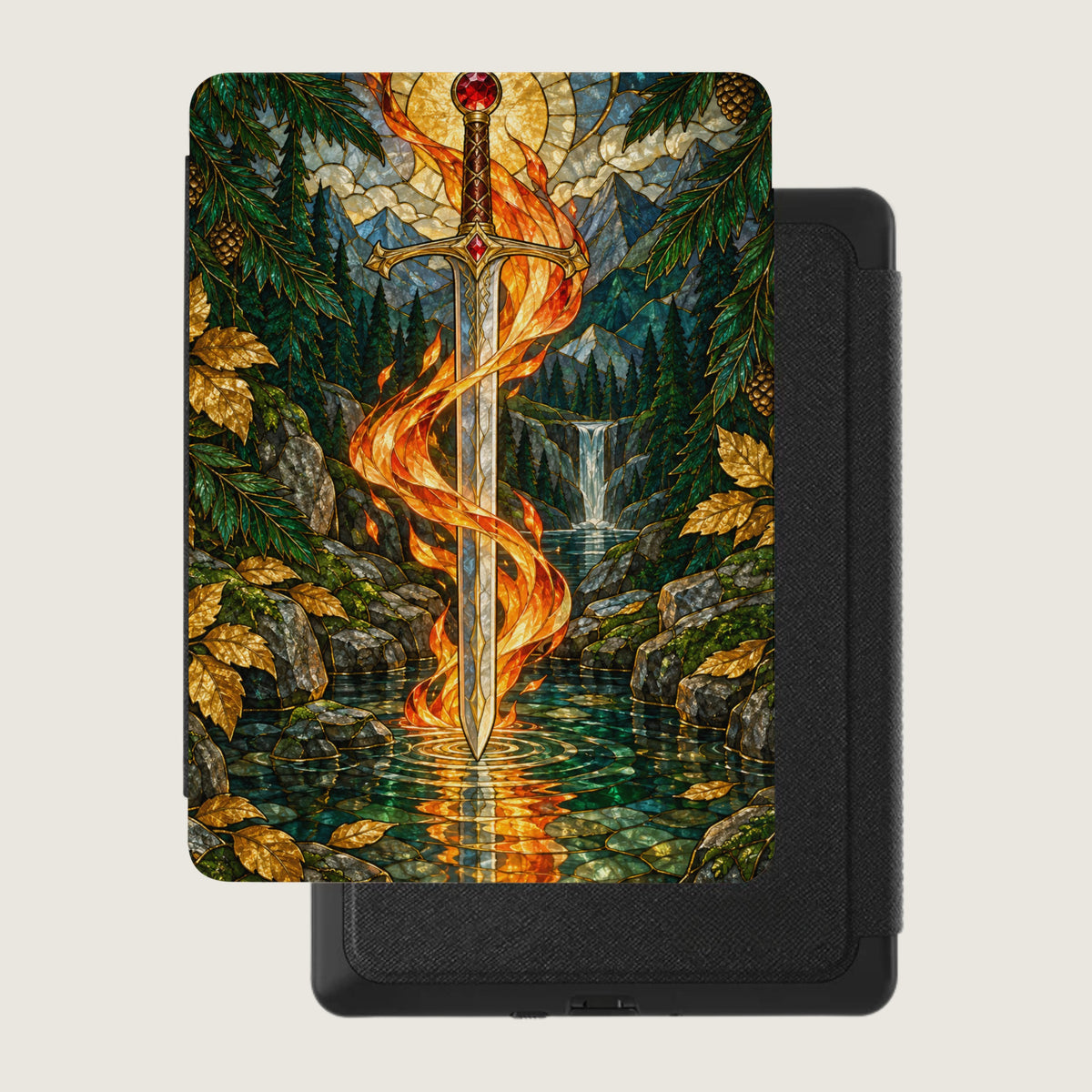 Stained glass art of flaming sword in a forest with waterfall, on an e-reader cover.