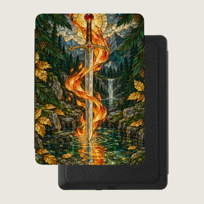 Stained glass art of flaming sword in a forest with waterfall, on an e-reader cover.
