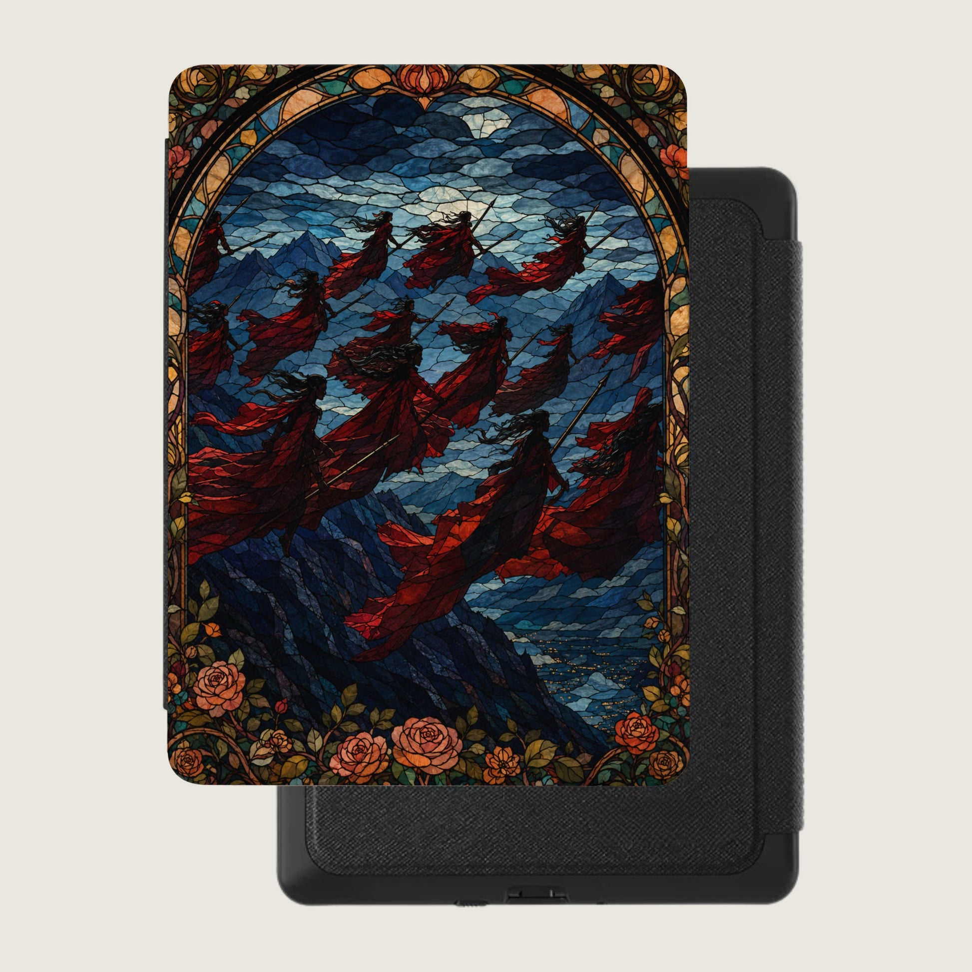 Stained glass art featuring figures in red robes flying over mountains with roses.