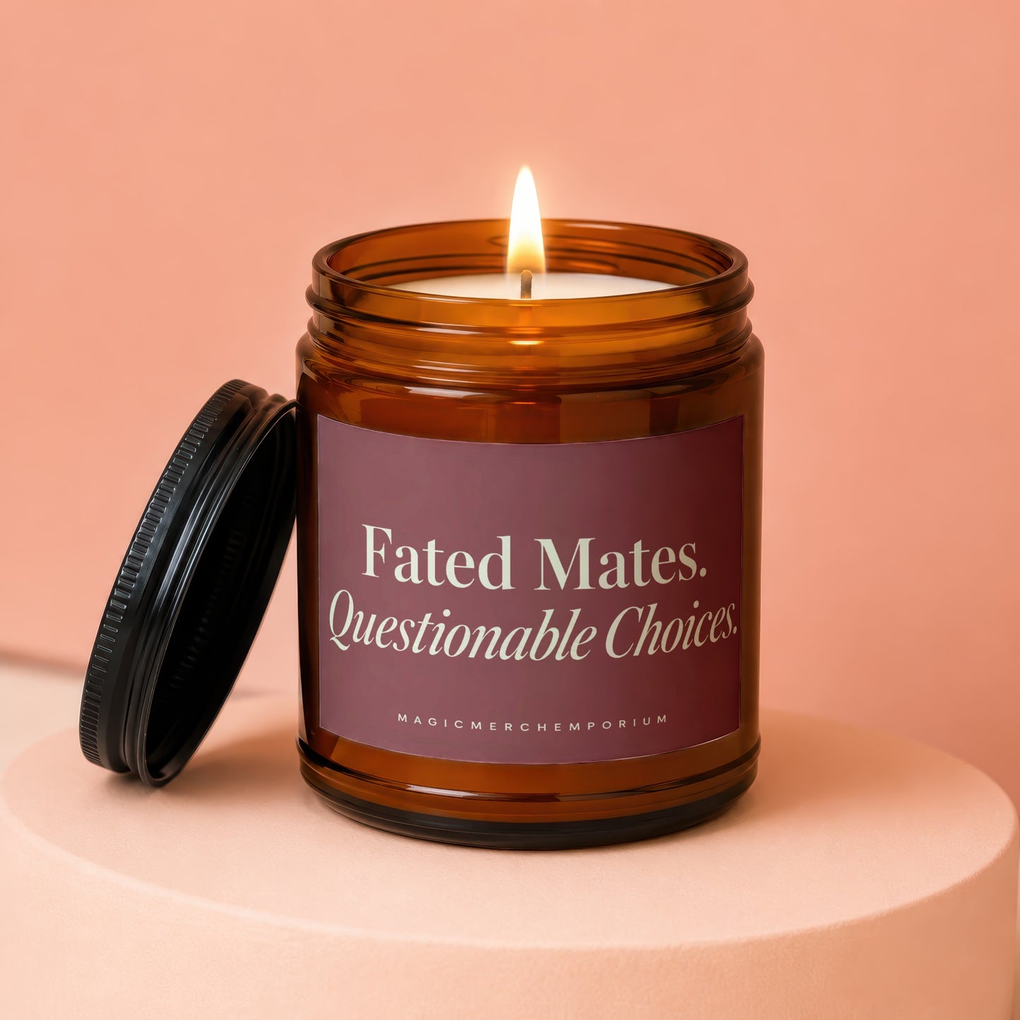Amber jar candle with lit flame, lid removed, text "Fated Mates. Questionable Choices."