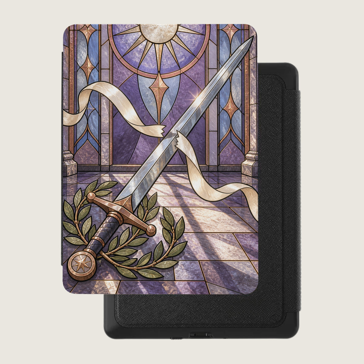 Sword on stained glass background with laurel wreath, on a black case.