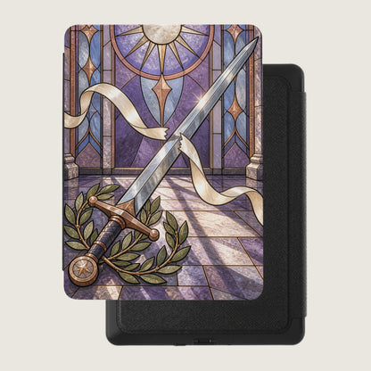 Sword on stained glass background with laurel wreath, on a black case.