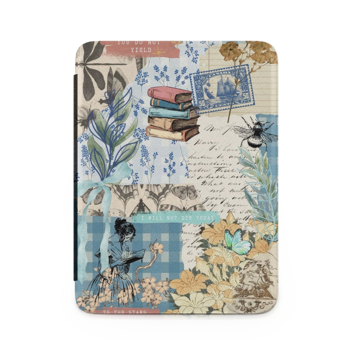 Collage featuring a stacked book, butterfly, bee, vintage stamp, and woman reading.