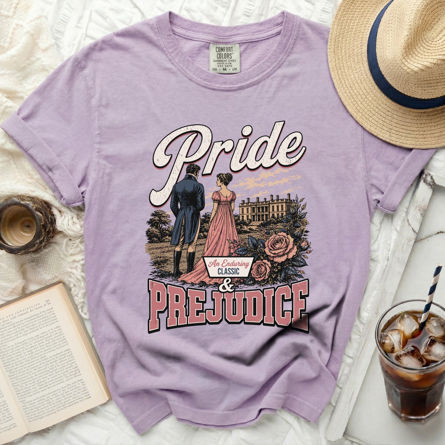 Lavender t-shirt with "Pride & Prejudice" graphic and book image.