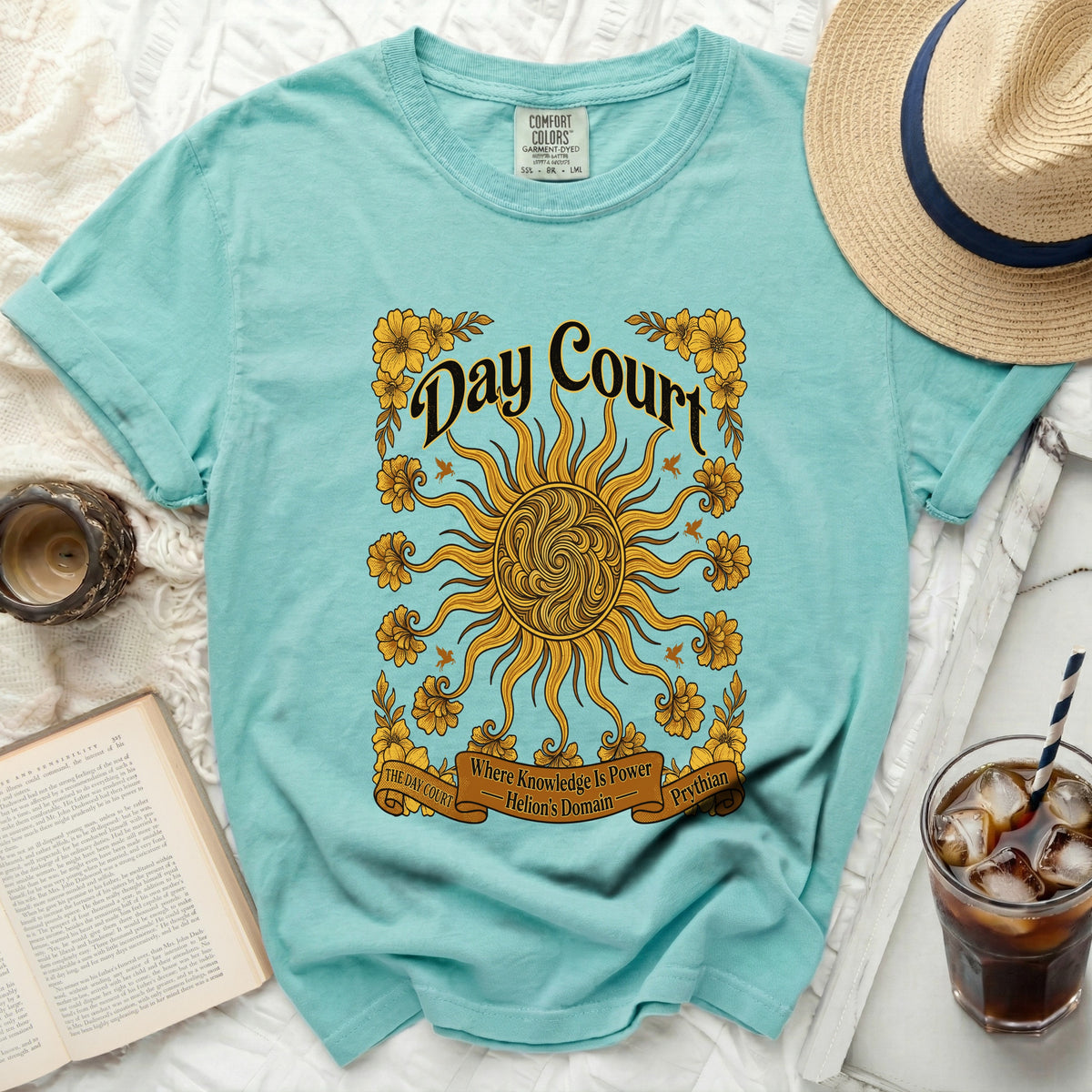 Teal Comfort Colors shirt with "Day Court" sun, floral, and banner graphic.