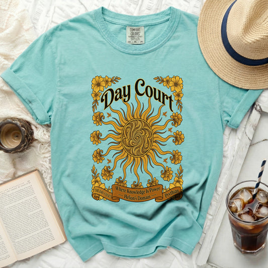 Teal Comfort Colors shirt with "Day Court" sun, floral, and banner graphic.