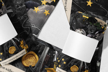 Dark pattern with dragons, swords, stars, and text "Basgiath".