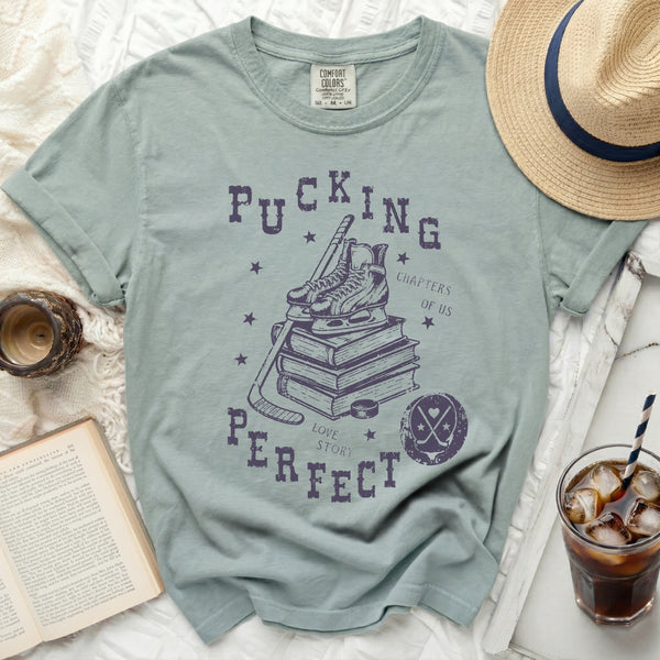 Pucking Perfect Hockey Love Story Tee in Bay