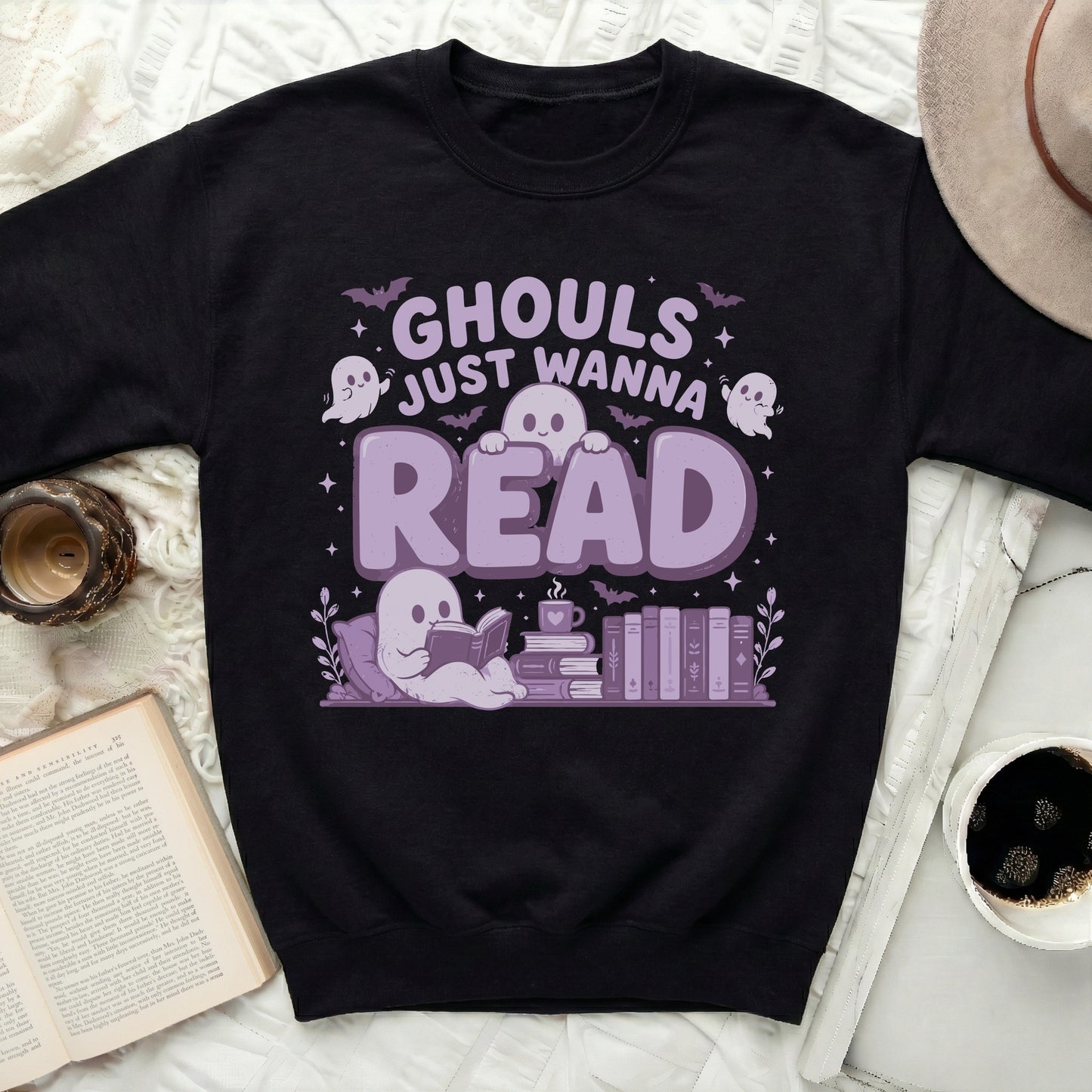 Ghouls just wanna read text with cartoon ghosts and books.