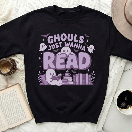 Ghouls just wanna read text with cartoon ghosts and books.