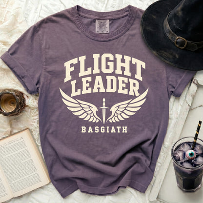 Purple t-shirt with "Flight Leader Basgiath" text and winged sword graphic.