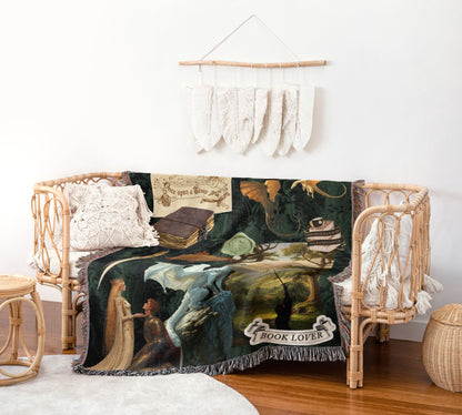 a cozy and inviting living space with a woven bench, a decorative wall hanging, and a green and black blanket with a dragon and books.
