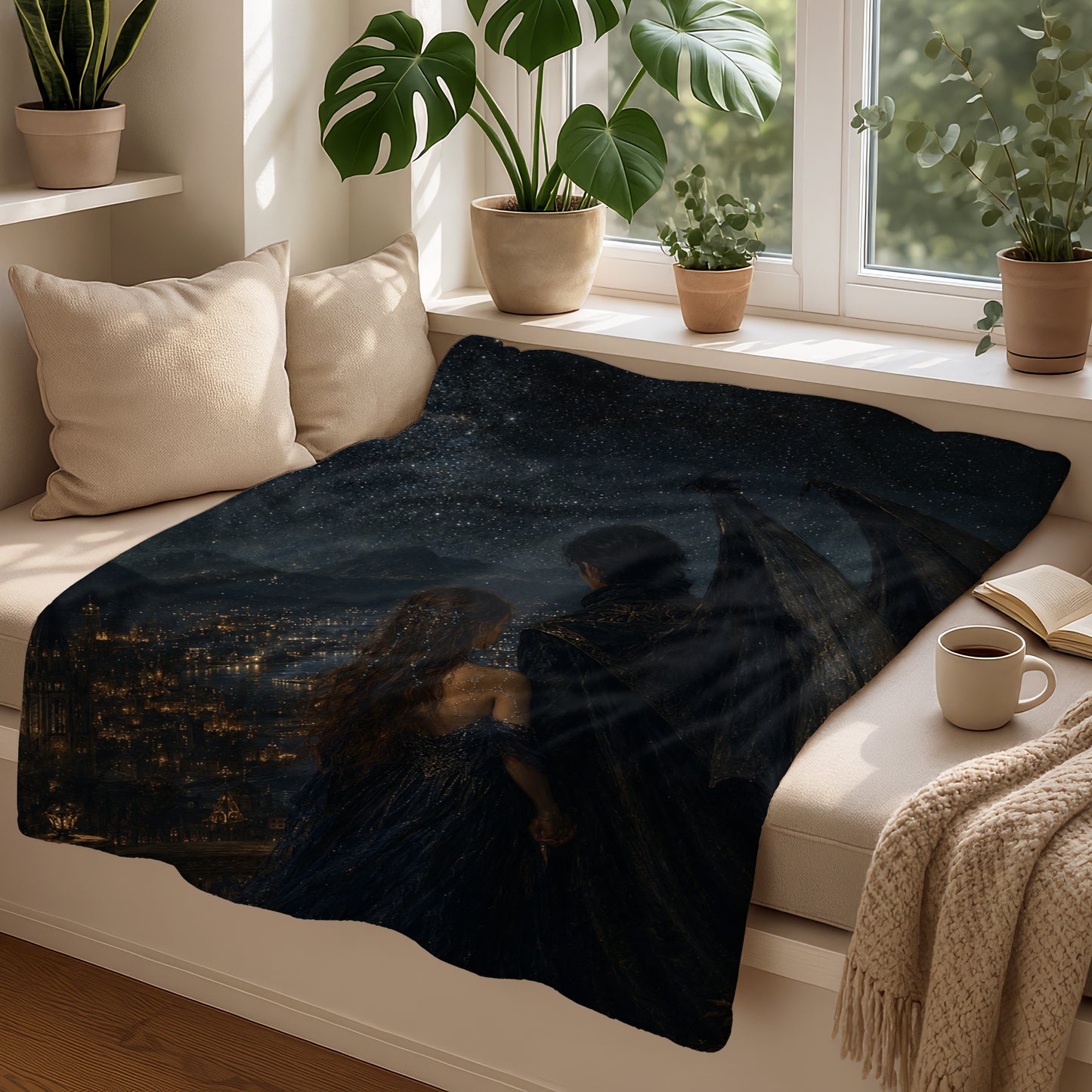 Fantasy blanket with couple overlooking star-lit city at night.