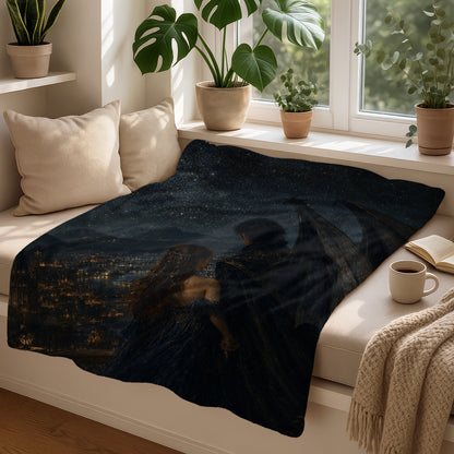 Fantasy blanket with couple overlooking star-lit city at night.