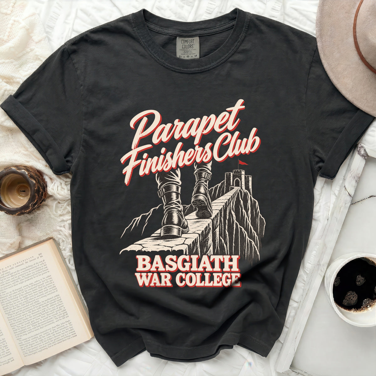 Black t-shirt with "Parapet Finishers Club Basgiath War College" graphic.