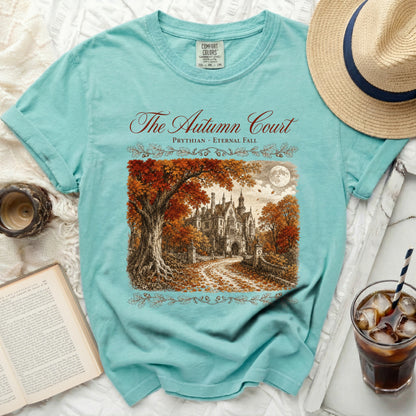 Aqua t-shirt with "The Autumn Court" design of a gothic castle and fox.