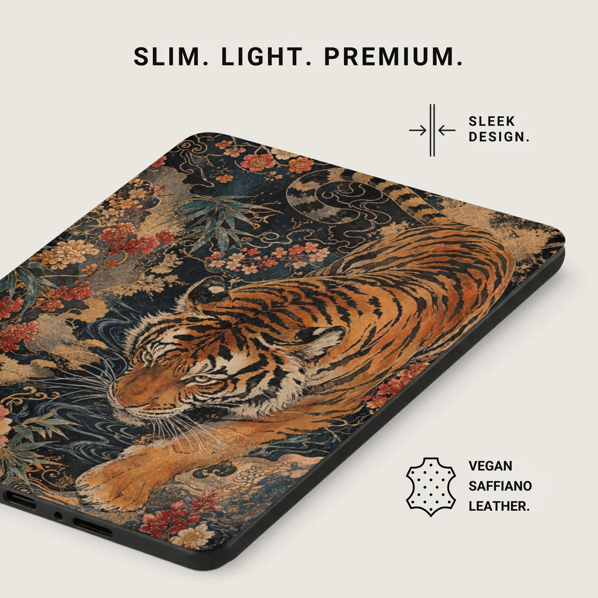 Tiger and floral pattern on a phone case with "vegan saffiano leather" text.