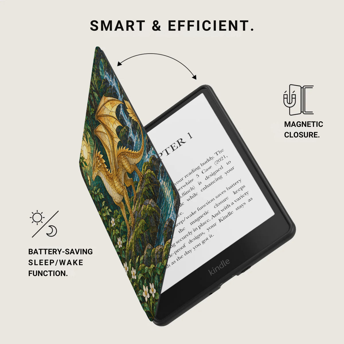 Kindle e-reader with a dragon-themed case, magnetic closure, and battery-saving features.