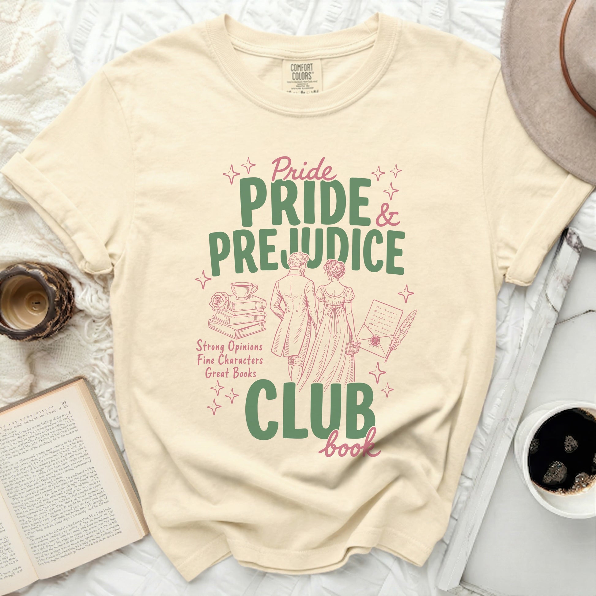 Pride and Prejudice Book Club t-shirt with vintage couple illustration.