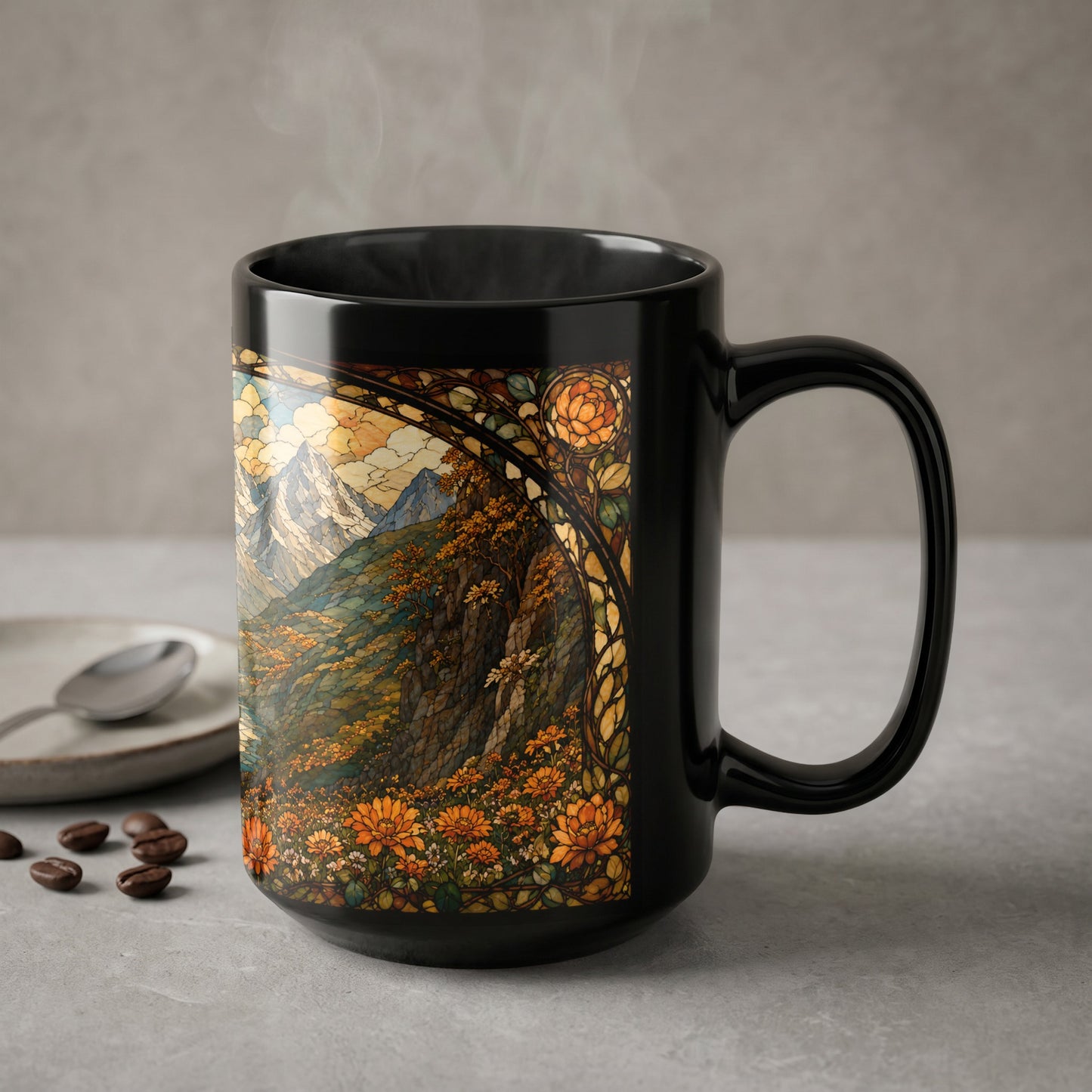 Black mug with a stained-glass style mountain and floral landscape design.