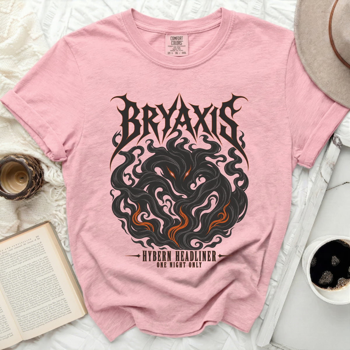 Pink shirt with black "BRYAXIS" and "HYBERN HEADLINER ONE NIGHT ONLY" graphic.