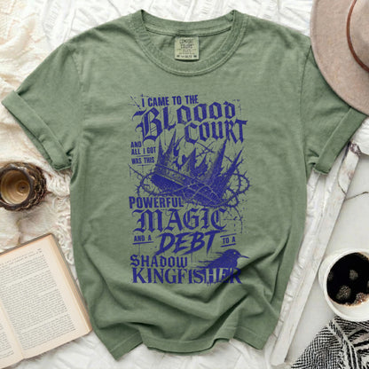 Comfort Colors shirt with "The Blood Court" and "Shadow Kingfisher" text.