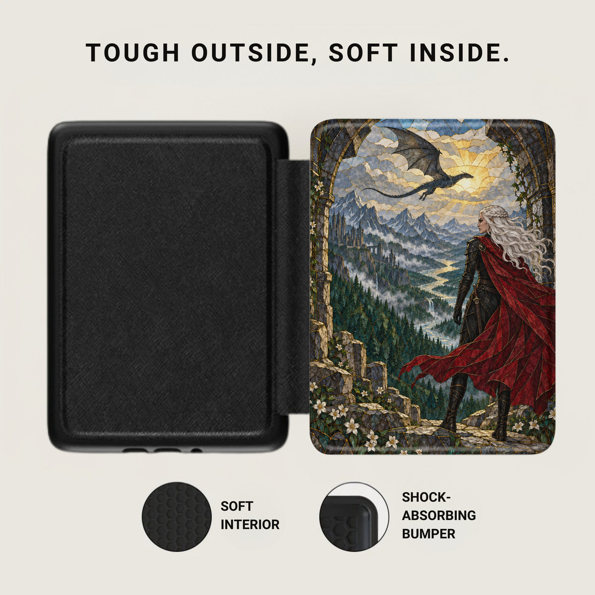 Black case with fantasy art of woman and dragon, text "Tough outside, soft inside."