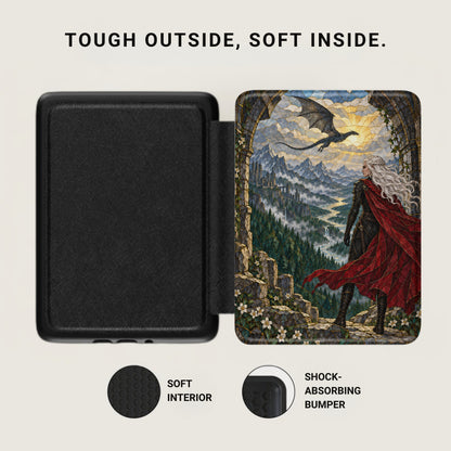 Black case with fantasy art of woman and dragon, text "Tough outside, soft inside."