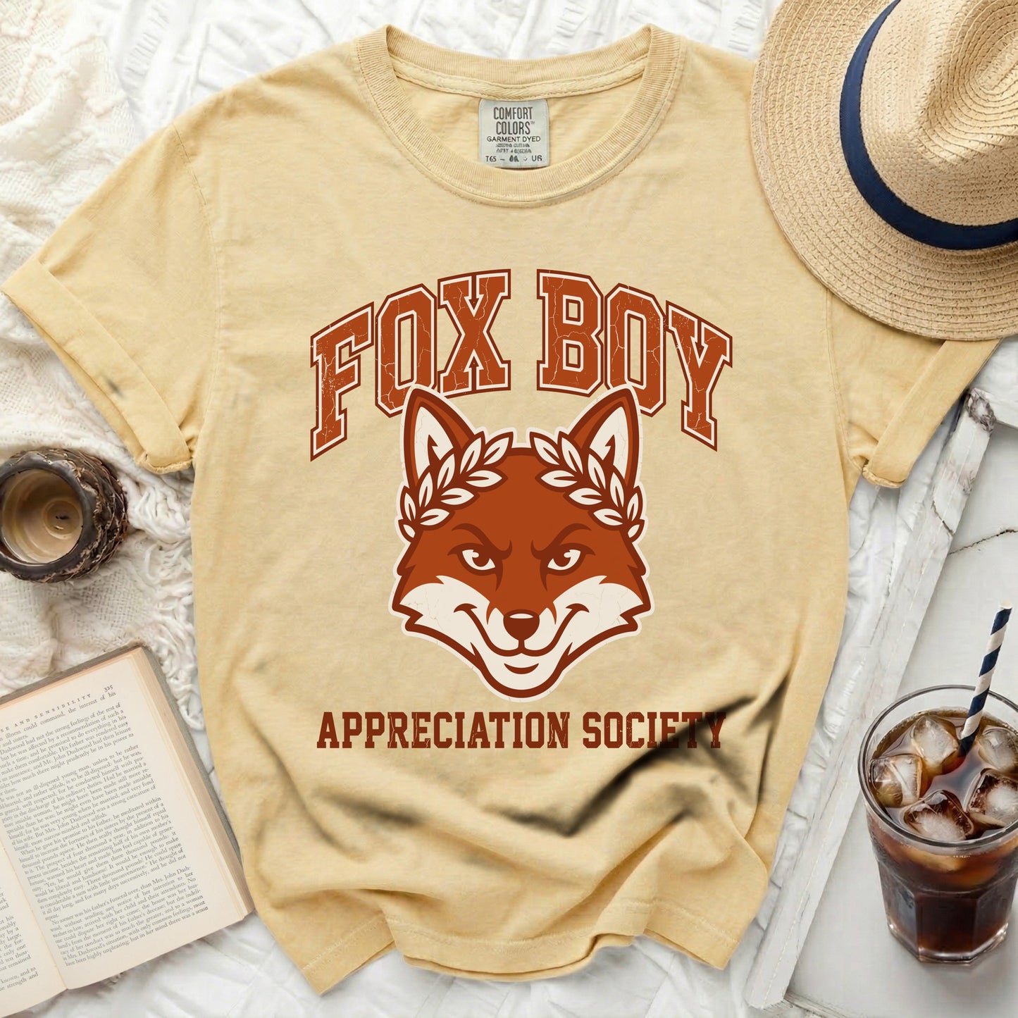 Yellow t-shirt with "Fox Boy Appreciation Society" and a fox graphic.