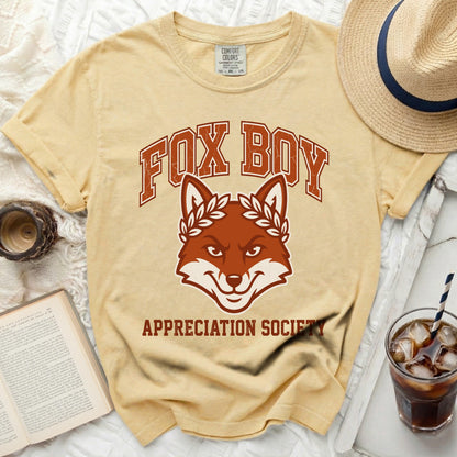 Yellow t-shirt with "Fox Boy Appreciation Society" and a fox graphic.