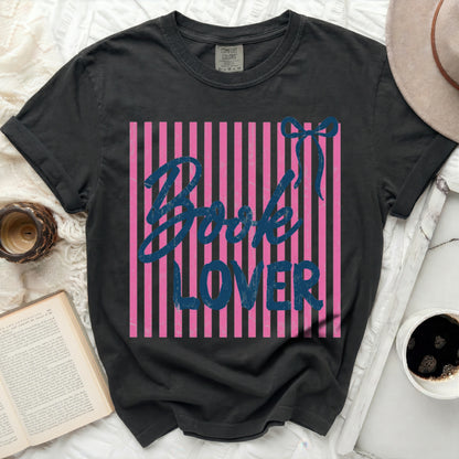 Black t-shirt with pink stripes and "Book Lover" text in blue.