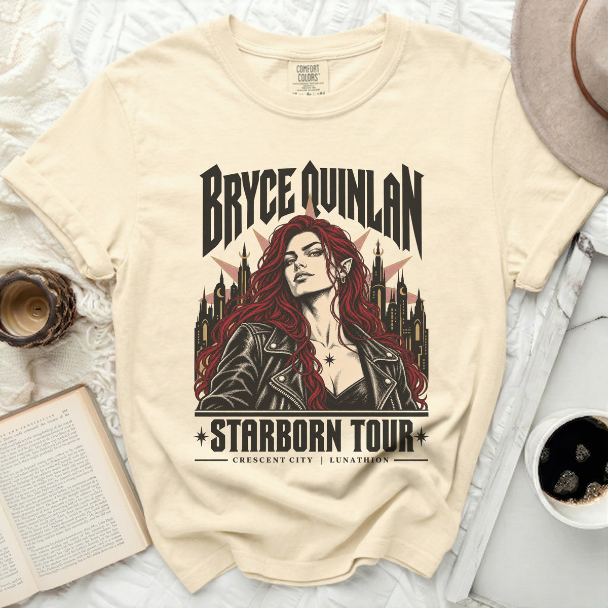 Bryce Quinlan Starborn Tour Crescent City Lunathion t-shirt design with a woman's portrait.