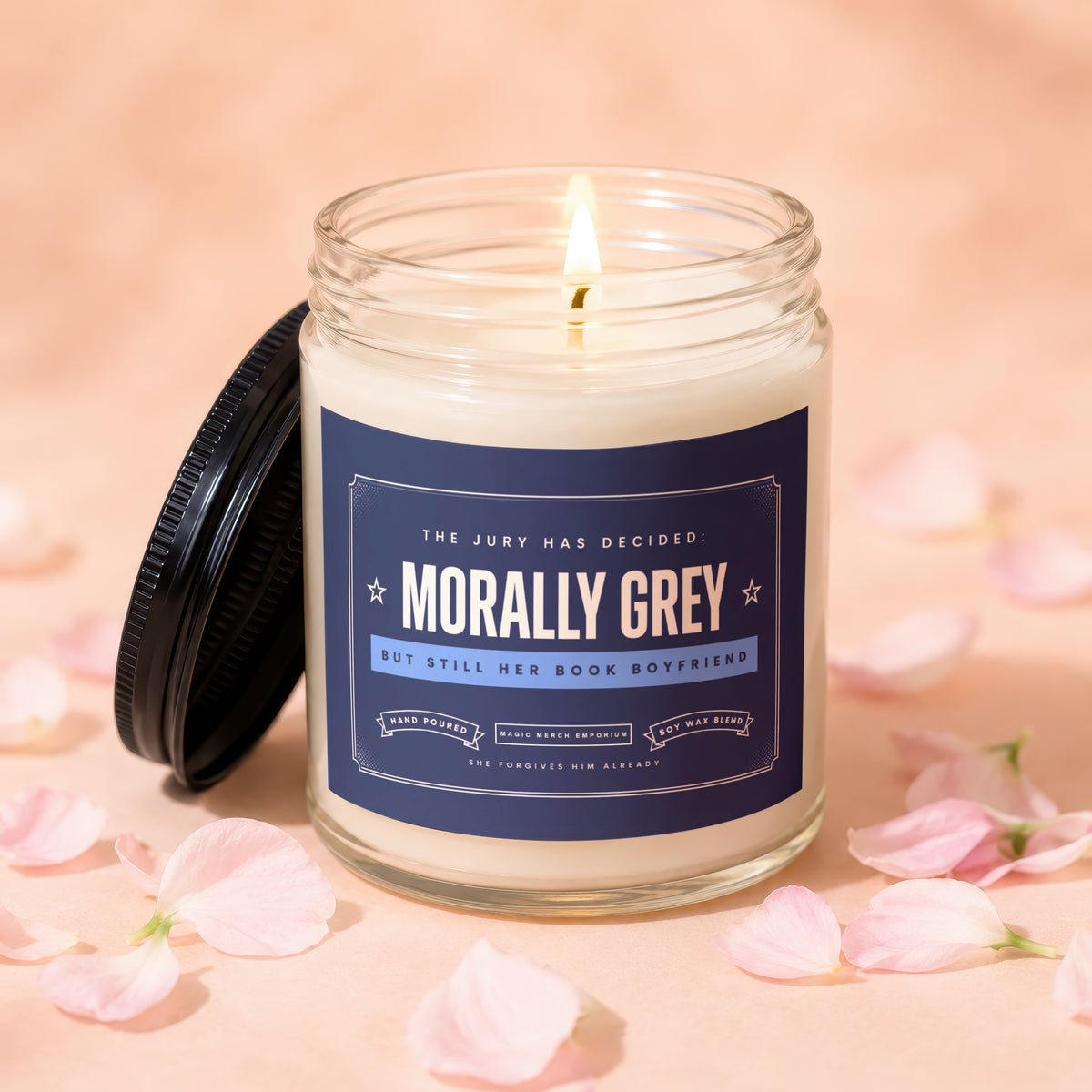 Morally Grey candle with "But Still Her Book Boyfriend" text, Magic Merch Emporium.