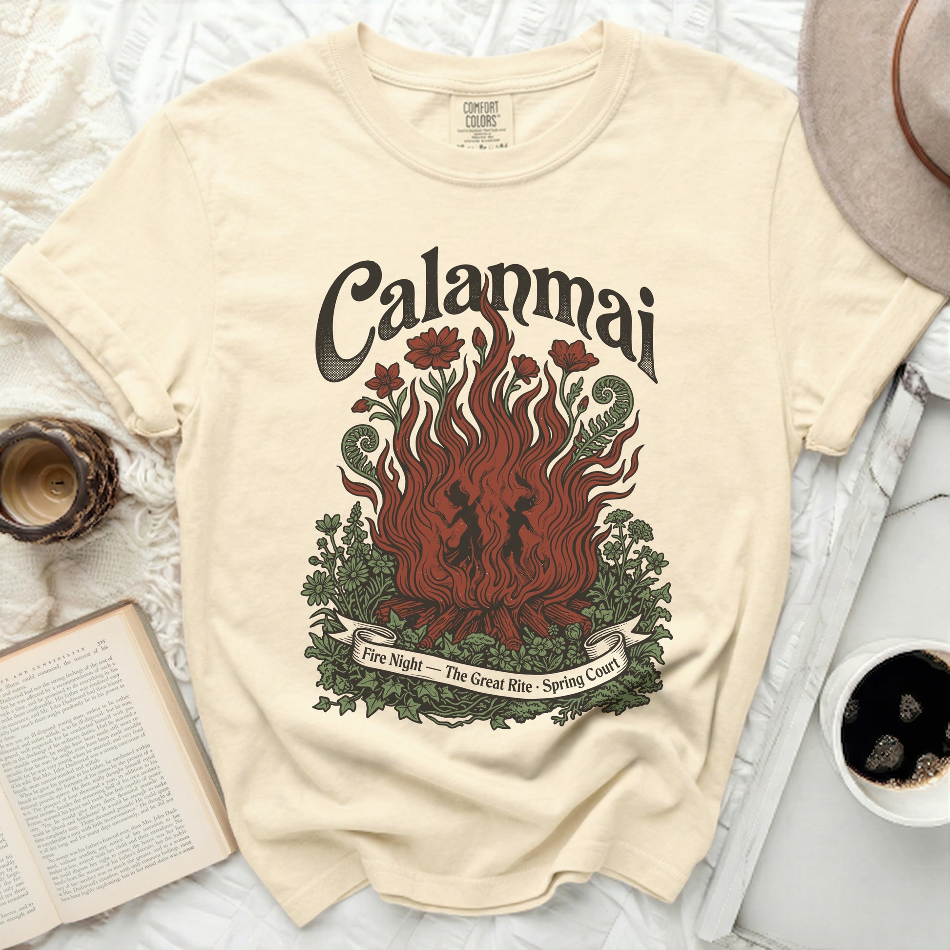 Cream t-shirt with "Calanmai Fire Night - The Great Rite - Spring Court" graphic.