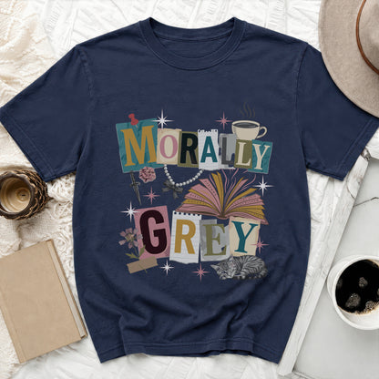 Navy t-shirt with "MORALLY GREY" text design, book, cat, and coffee cup.