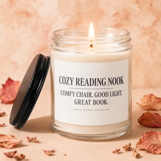 Jar candle with lit wick, "Cozy Reading Nook" text, and decorative elements.