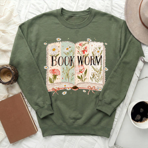 Floral Book Worm Sweatshirt in Military Green