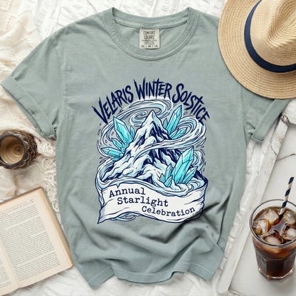 T-shirt with "Velaris Winter Solstice Annual Starlight Celebration" graphic.