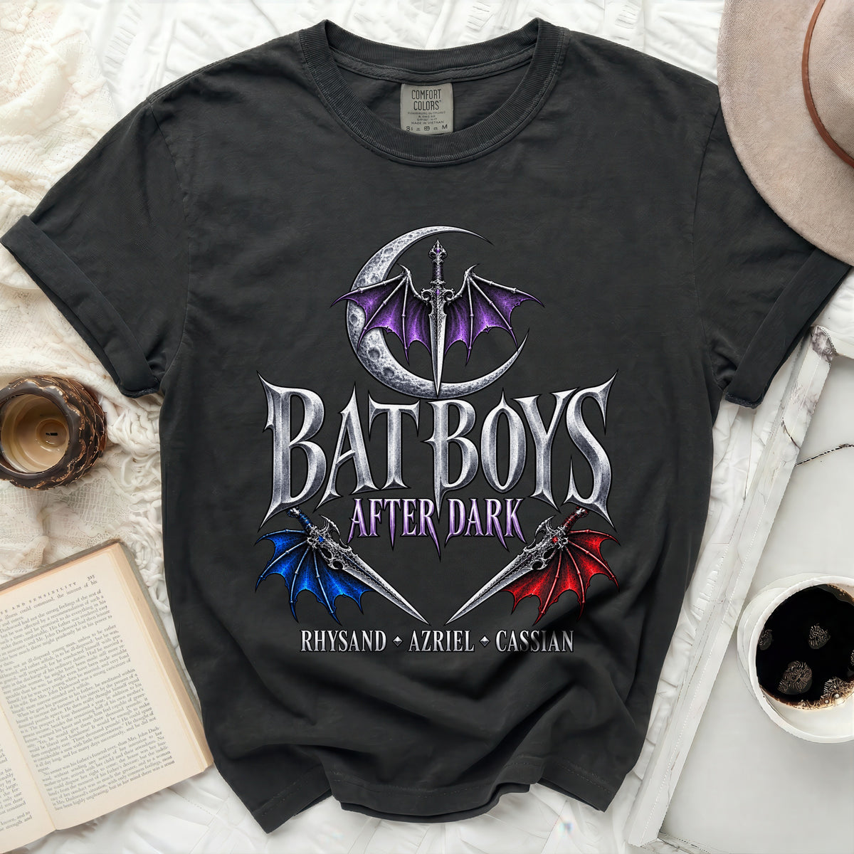 Charcoal t-shirt with "Bat Boys After Dark" and character names graphic.